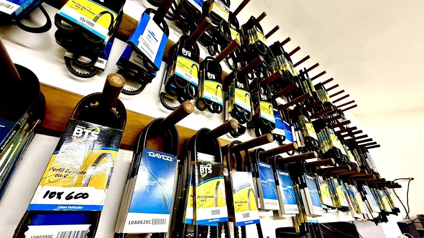 Pared del local con correas automotor Dayco y BTS colgadas por medida